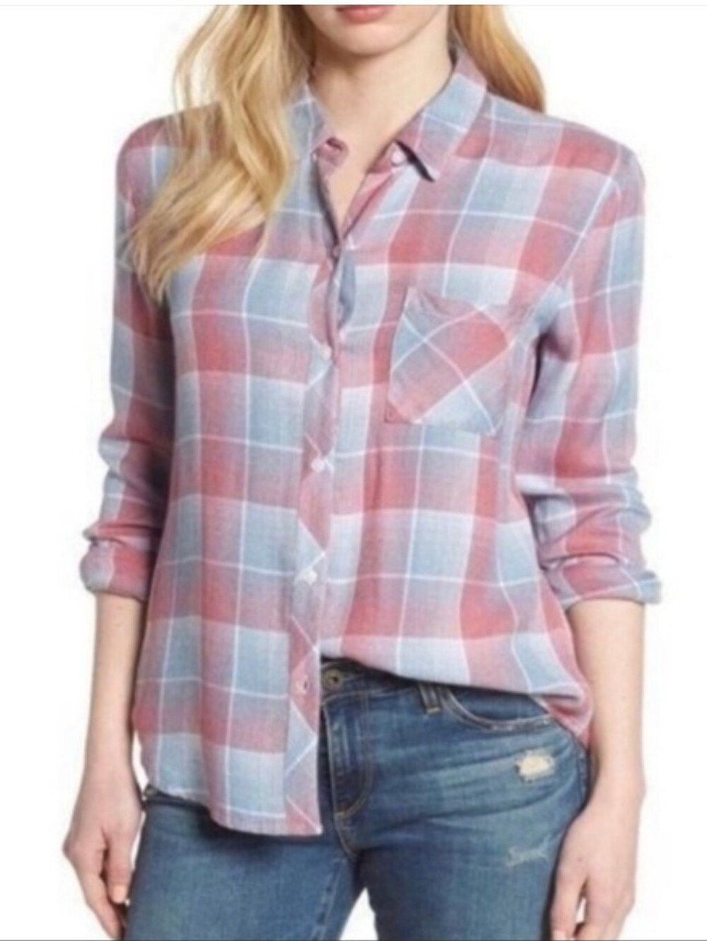 NWT Rails Casual Plaid Button-Up Shirt in Dusty Pink & Light Blue Large